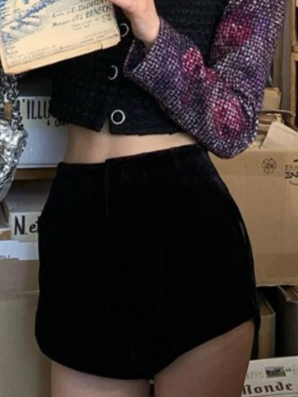 Black Velvet High-Waist Mini shorts